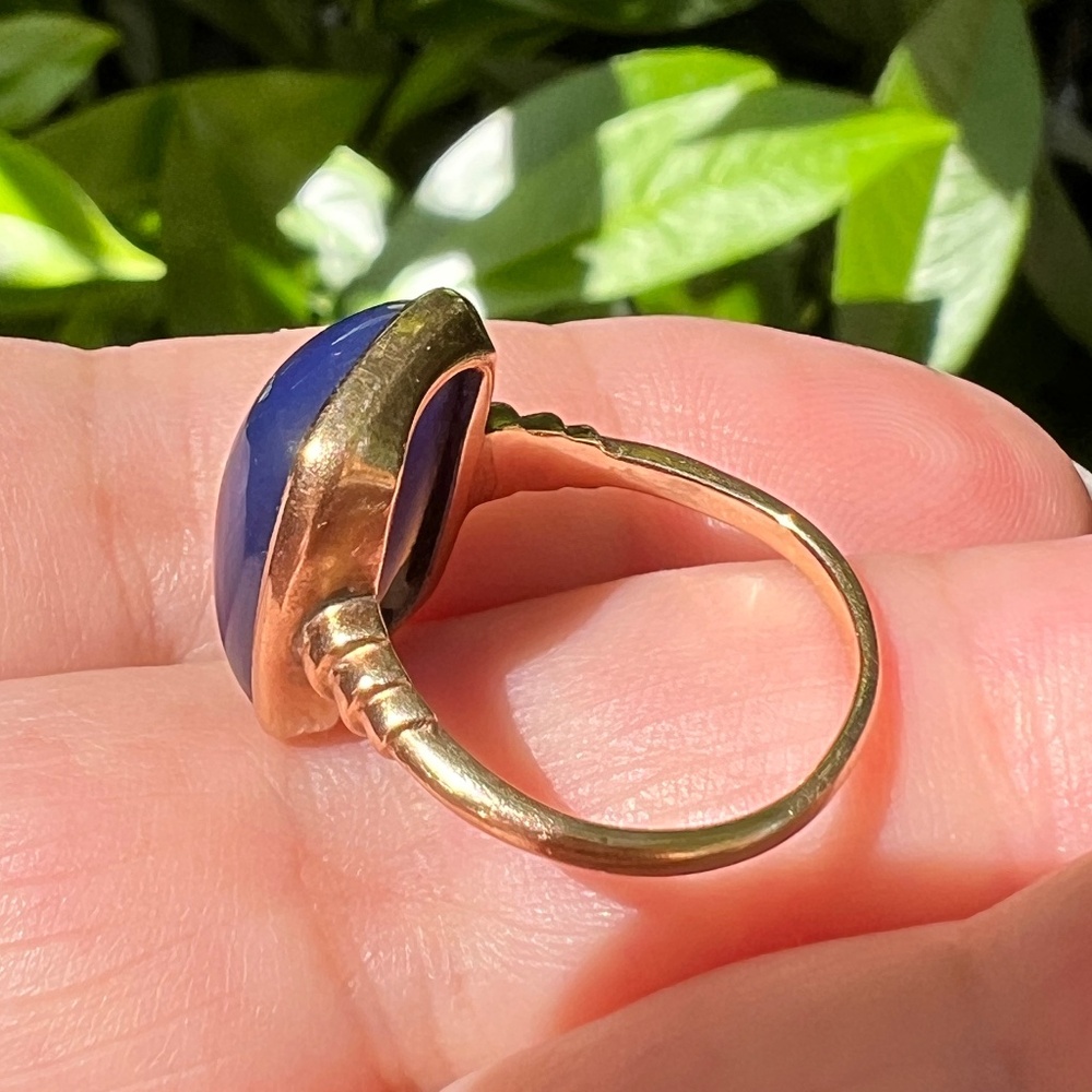 VINTAGE 14K YELLOW GOLD BLUE PURPLE CHALCEDONY CABOCHON RING EUROPEAN HALLMARK - Picture 9 of 16